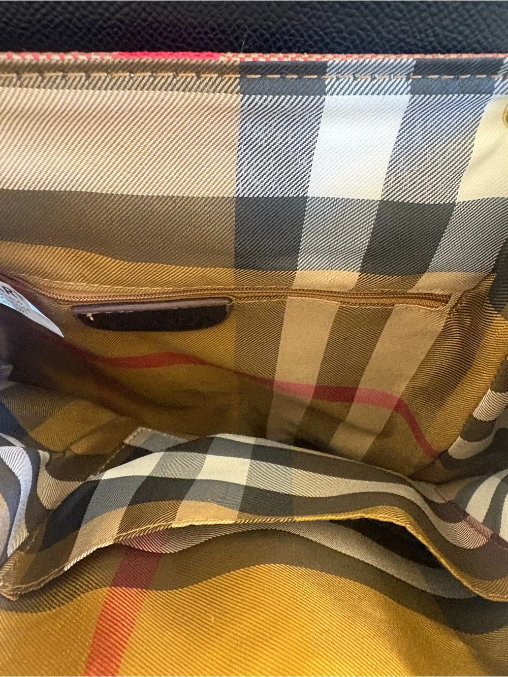 Designer-Inspired Tan Check Backpack with Black Trim and Red Stripe